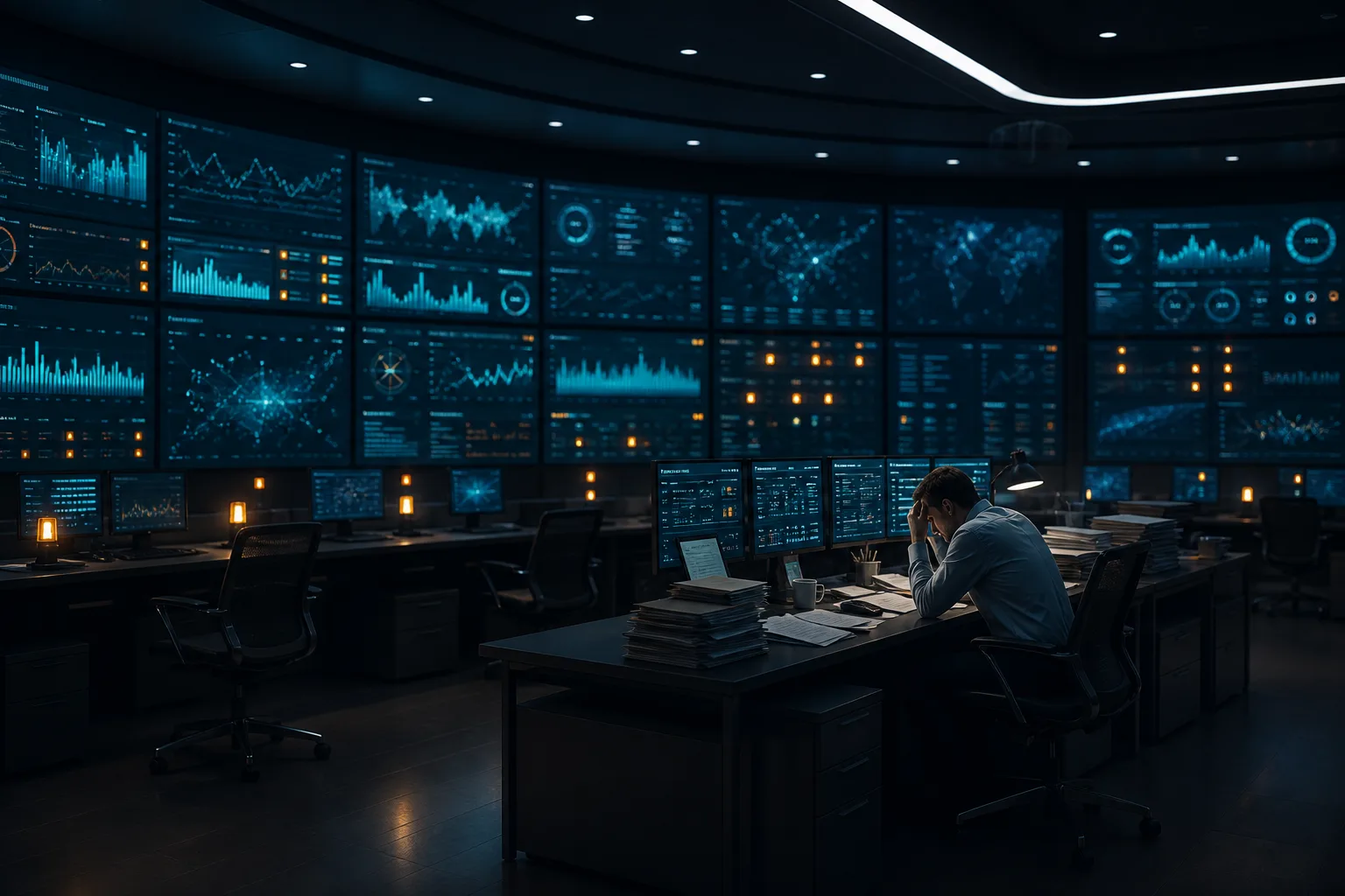 An exhausted worker alone in a room of automated dashboards