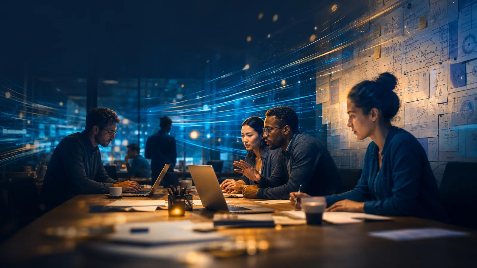 A workplace team using digital tools while work accelerates around them